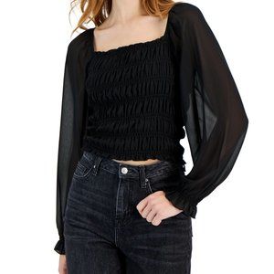 HIPPIE ROSE Juniors' Smocked Square-Neck Puff-Sleeve Top in Black